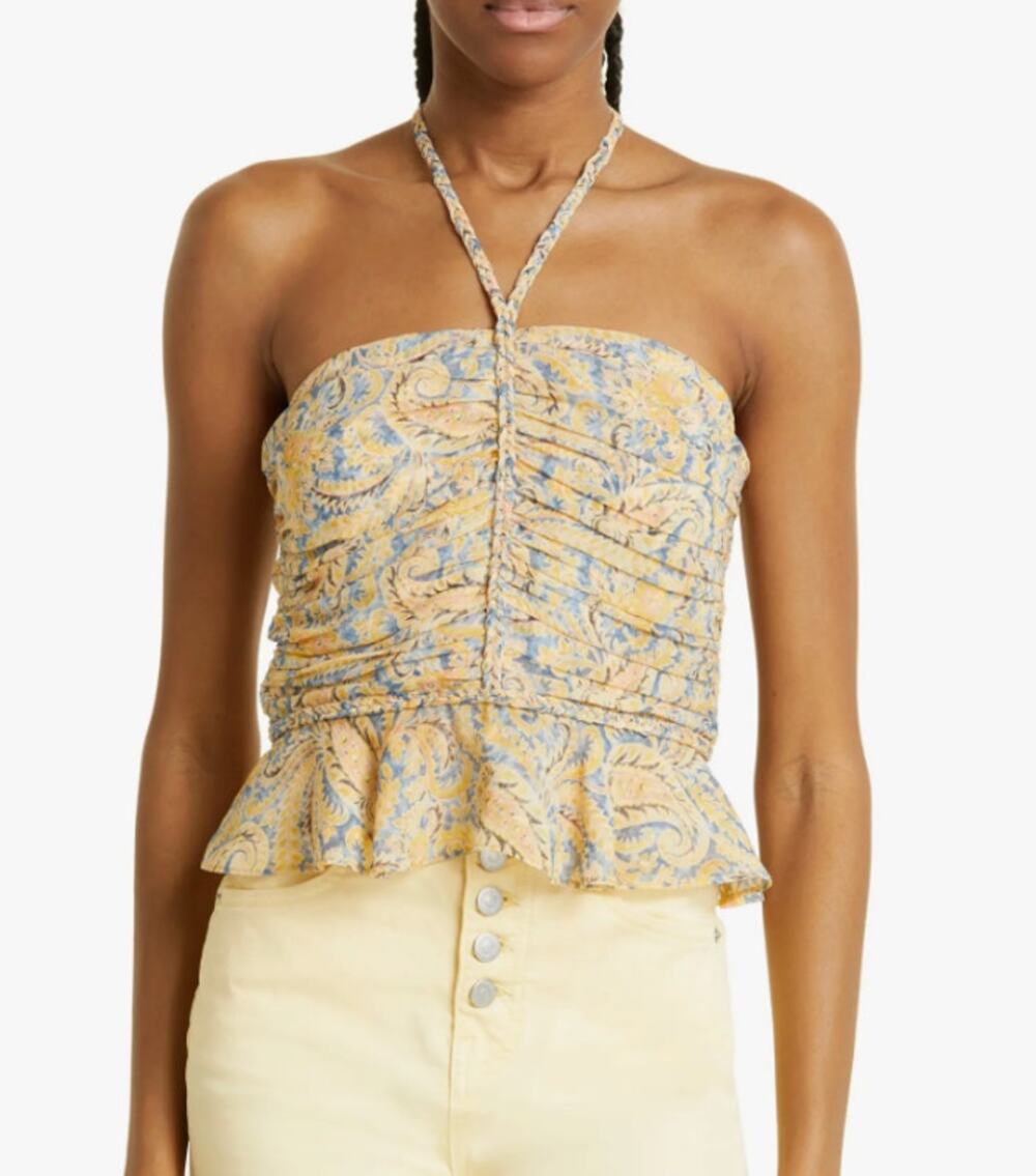Veronica Beard Arienne Paisley Silk Halter Top Size 12 Yellow Blue Multi